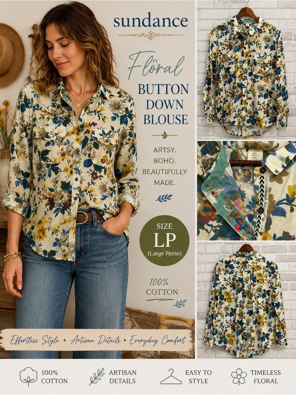 Sundance Floral Button Down Blouse LP 100% Cotton Boho Cottagecore Artsy Shirt